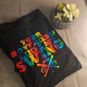Novelty mens shirt “Your boyfriend likes my swing” pride colors.